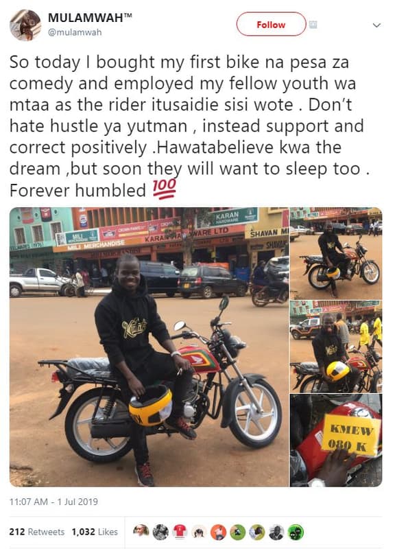 Mulamwah mulamwah follow so today bought my first bike na pesa za comedy and emp