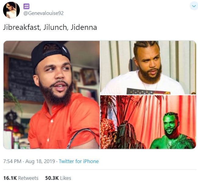 Genevalouise9z jibreakfast jilunch, jidenna 7.54 pm aug 18, twitter for iphone 1