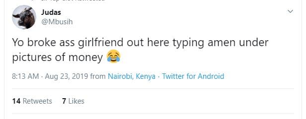 Judas mbusih yo broke ass girlfriend out here typing amen under pictures of mone