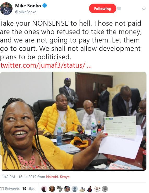 Mike sonko mikesonko following take your nonsense to hell. those not paid are th