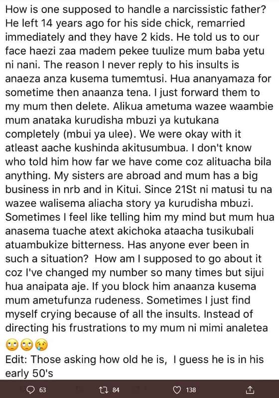How is one supposed to handle a narcissistic father? he left 14 years ago for hi