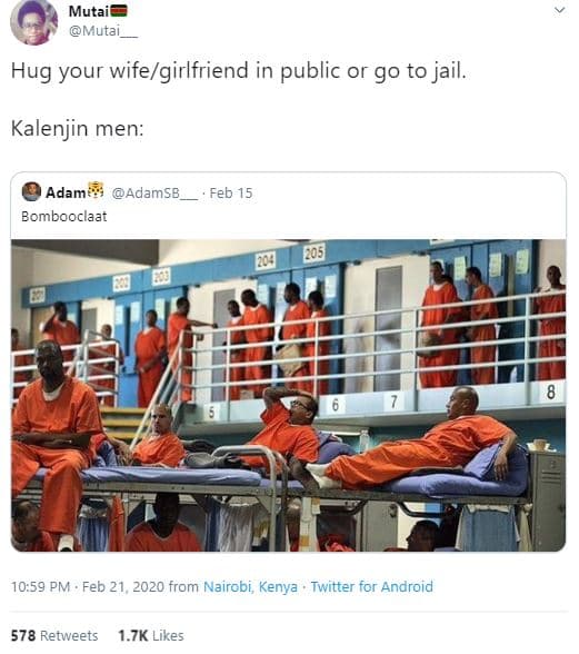 Mutai mutai hug your wifegirlfriend in public or go to jail. kalenjin men adam a