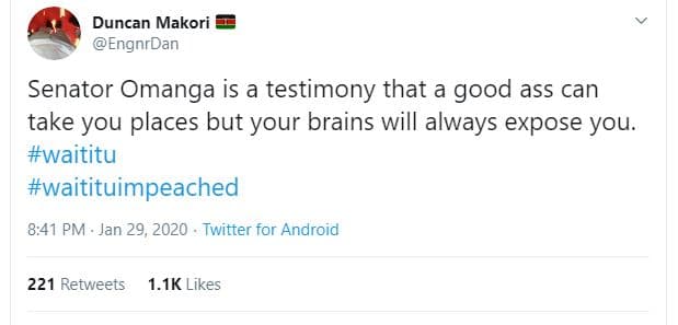 Duncan makori engnrdan senator omanga is a testimony that a good ass can take yo