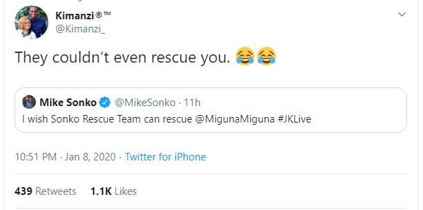Kimanzi kimanzi _ they couldn't even rescue you. mike sonko mikesonko 11h wish s
