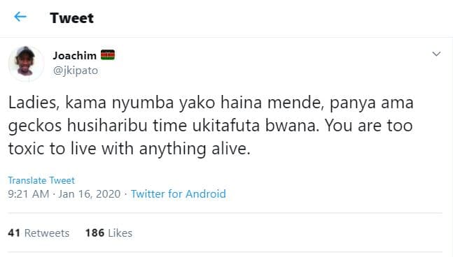 Tweet joachim jkipato ladies kama nyumba yako haina mende, panya ama geckos husi