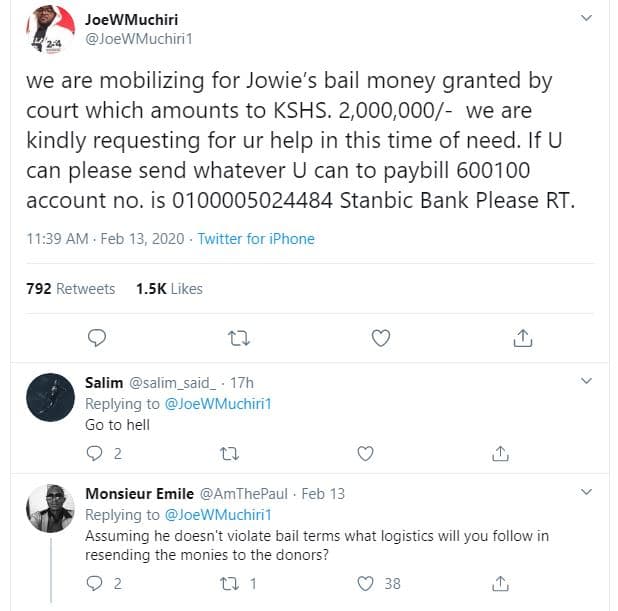 Joewmuchiri joewmuchiri1 we are mobilizing for jowie's bail money granted by cou
