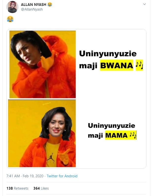 Allan nyash allannyash uninyunyuzie maji bwana uninyunyuzie maji mama 7,41 am .