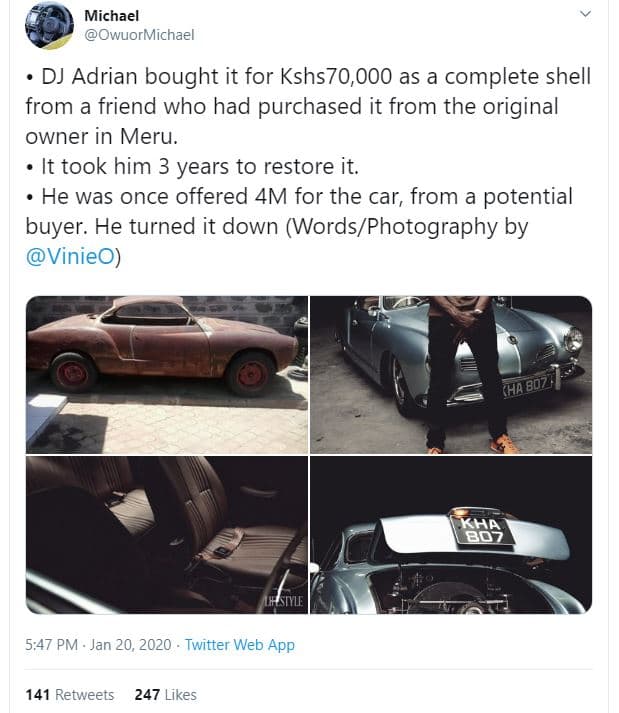 Michael owuormichael dj adrian bought it for kshs70,000 as a complete shell from