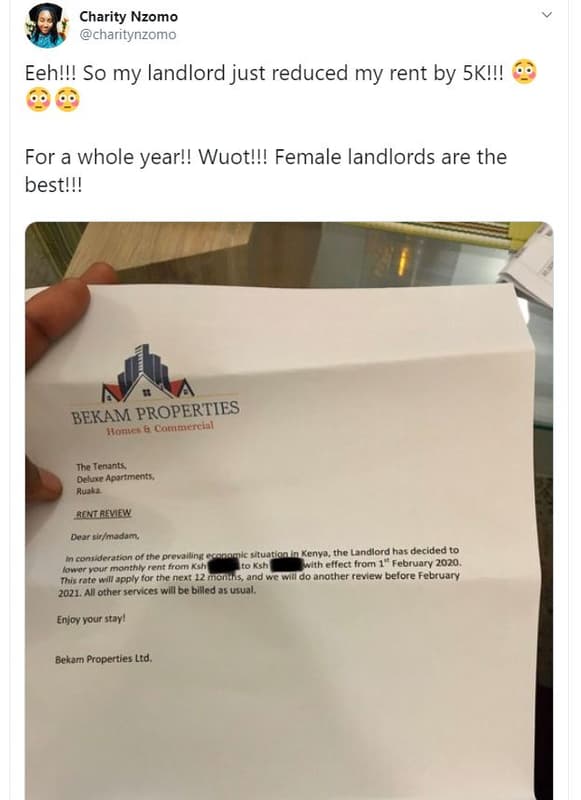 Charity nzomo charitynzomo eeh!l! so my landlord just reduced my rent by 5k!! fo