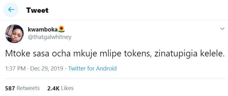 Tweet kwamboka thatgalwhitney mtoke sasa ocha mkuje mlipe tokens zinatupigia kel