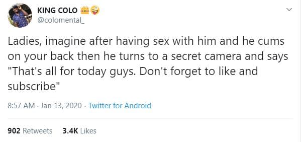 King colo colomental _ ladies, imagine after having sex with him and he cums on