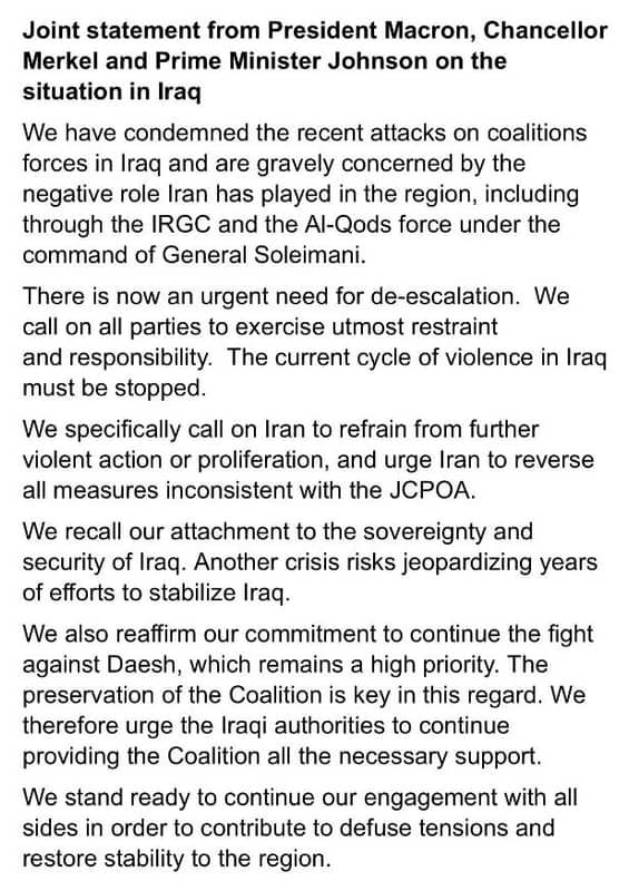 Joint statement from president macron, chancellor merkel and prime minister john