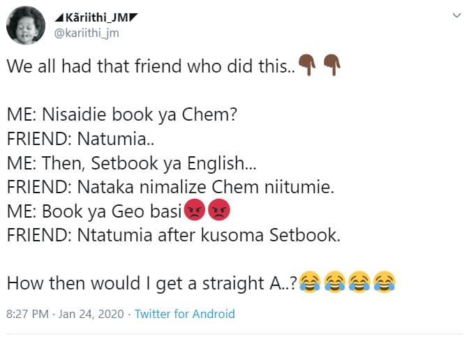 Akãriithi_jmy kariithi_jm we all had that friend who did this. me nisaidie book