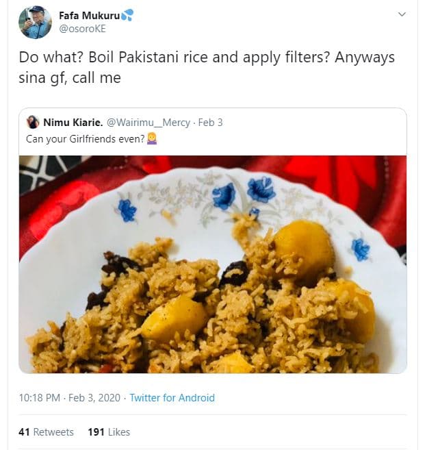 Fafa mukuru osoroke do what? boil pakistani rice and apply filters? anyways sina