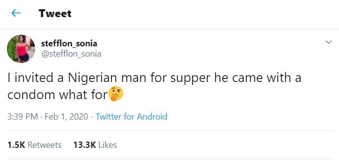 Tweet stefflon_sonia stefflon sonia invited a nigerian man for supper he came wi
