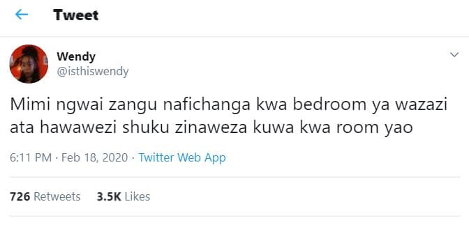 Tweet wendy isthiswendy mimi ngwai zangu nafichanga kwa bedroom ya wazazi ata ha
