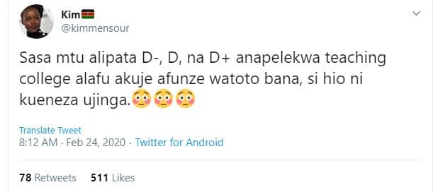 Kim kimmensour sasa mtu alipata d, d na d anapelekwa teaching college alafu akuj