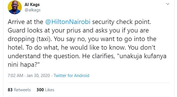 Kags alkags arrive at the hiltonnairobi security check point. guard looks at you