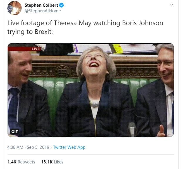Stephen colbert stephenathome live footage of theresa may watching boris johnson