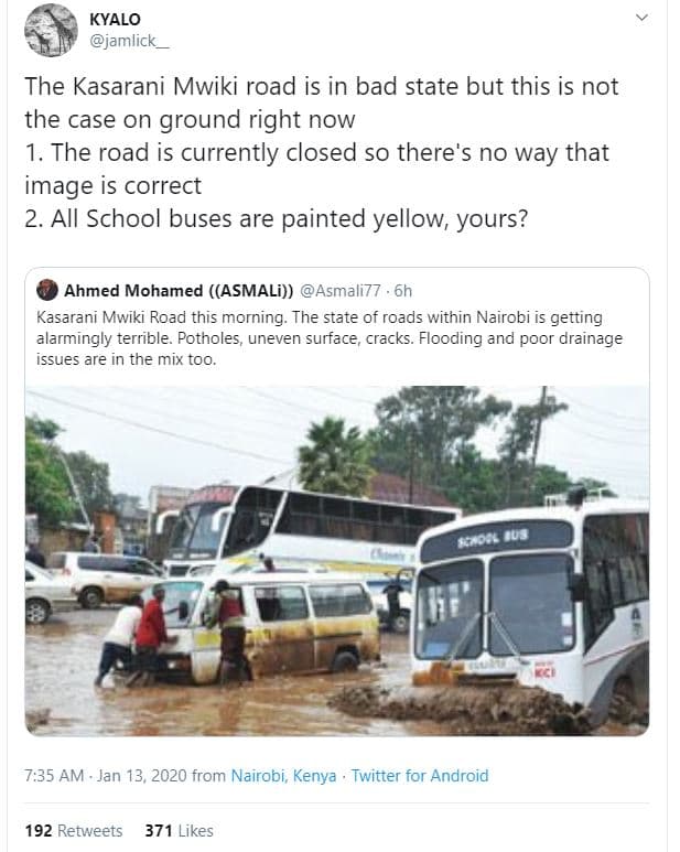 Kyalo jamlick the kasarani mwiki road is in bad state but this is not the case o