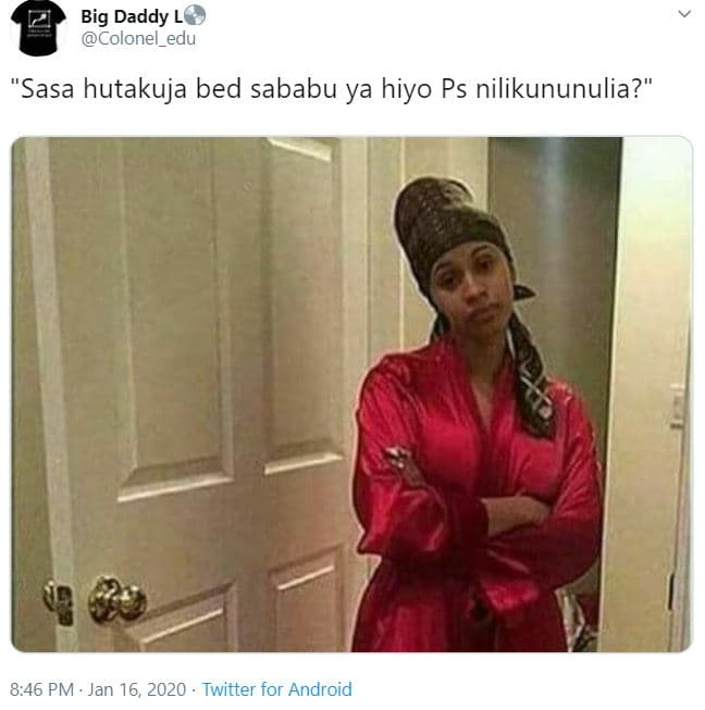 Big daddy colonel_edu sasa hutakuja bed sababu ya hiyo ps nilikununulia?' 8.46 p