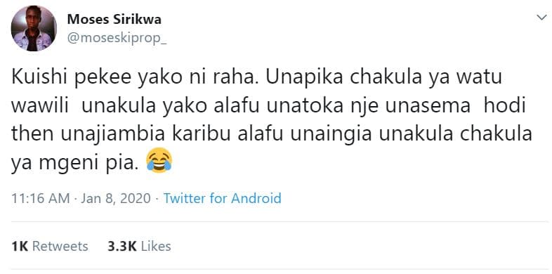 Moses sirikwa moseskiprop_ kuishi pekee yako ni raha. unapika chakula ya watu wa