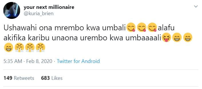 Your next millionaire kuria_brien ushawahi ona mrembo kwa umbali alafu akifika k
