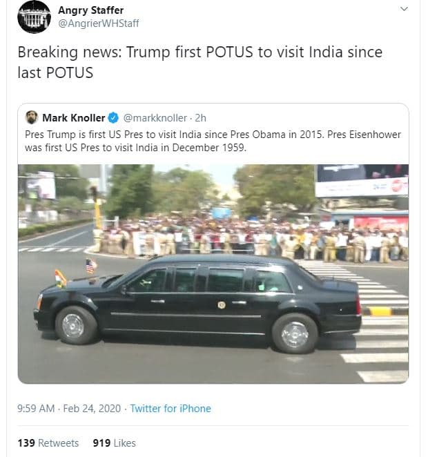 Angry staffer angrierwhstaff breaking news trump first potus to visit india sinc