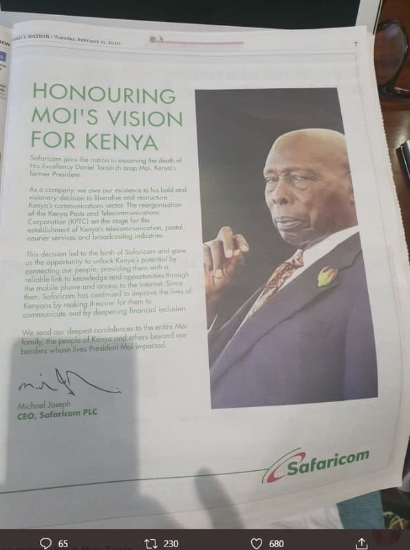 Ok honouring moi's vision for kenya sohricom joins nofon in rnourning doolh cf h