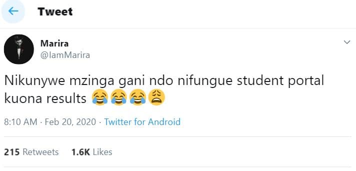 Tweet marira lammarira nikunywe mzinga gani ndo nifungue student portal kuona re