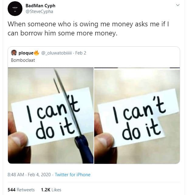 Badman cyph stevecypha when someone who is owing me money asks me if can borrow