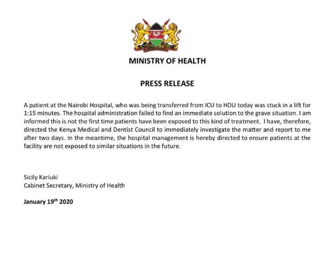Ministry of health press release patient at the nairob hospital, who aaao being