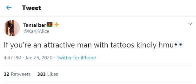 Tweet tantalizer kanjialice if you're an attractive man with tattoos kindly hmu