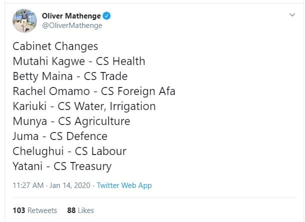 Oliver mathenge olivermathenge cabinet changes mutahi kagwe cs health betty main