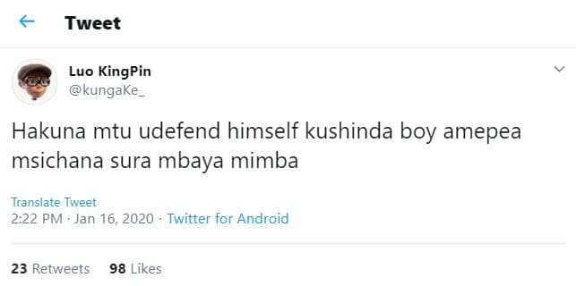 Tweet luo kingpin kungake_ hakuna mtu udefend himself kushinda boy amepea msicha
