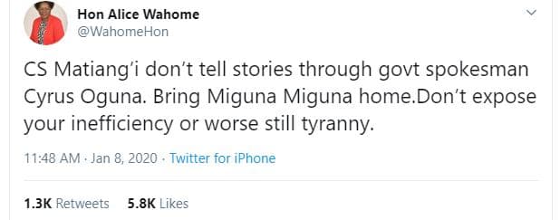Hon alice wahome wahomehon cs matiang'i don't tell stories through govt spokesma