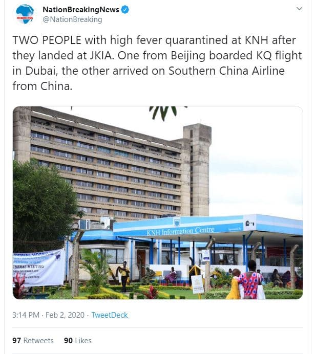 Nationbreakingnews nationbreaking two people with high fever quarantined at knh