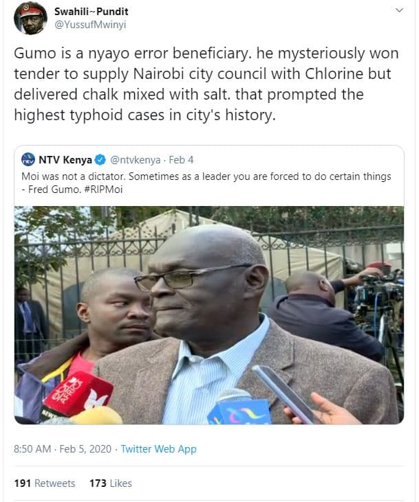 Swahili pundit yussufmwinyi gumo is a nyayo error beneficiary. he mysteriously w