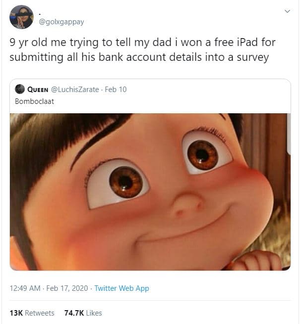 Golxgappay 9 yr old me trying to tell my dad won a free ipad for submitting all