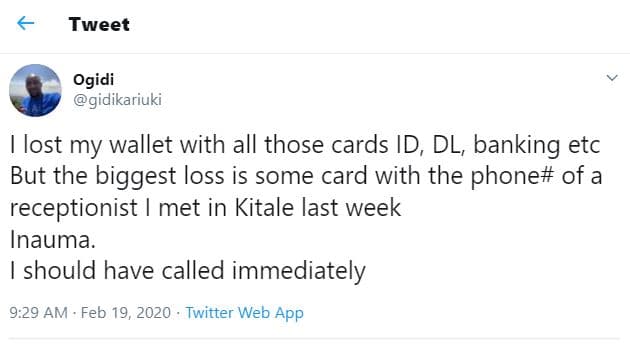 Tweet ogidi gidikariuki lost my wallet with all those cards id dl banking etc bu