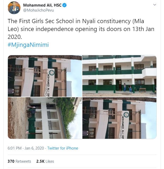 Mohammed ali, hsc mohajichopevu the first girls sec school in nyali constituency