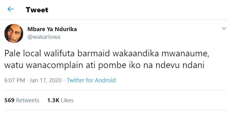 Tweet mbare ya ndurika wakariowa pale local walifuta barmaid wakaandika mwanaume