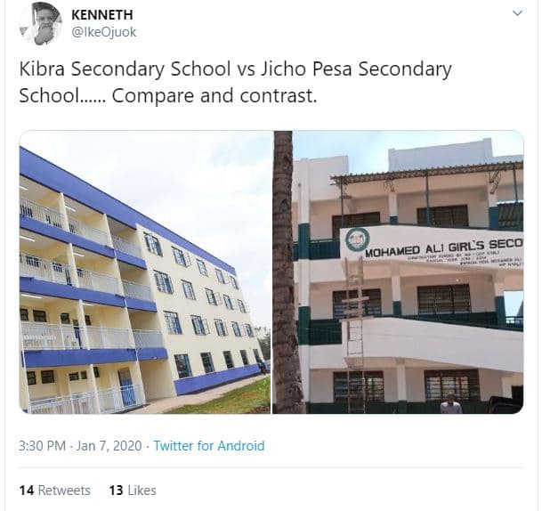 Kenneth ikeojuok kibra secondary school vs jicho pesa secondary school. compare