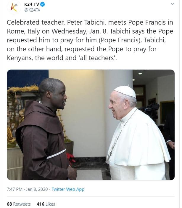 K24 tv k24tv celebrated teacher, peter tabichi meets pope francis in rome italy