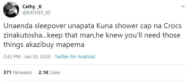 Cathy _k kathey_ke unaenda sleepover unapata kuna shower cap na crocs zinakutosh