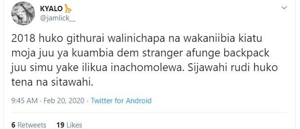 Kyalo jamlick huko githurai walinichapa na wakaniibia kiatu moja juu ya kuambia