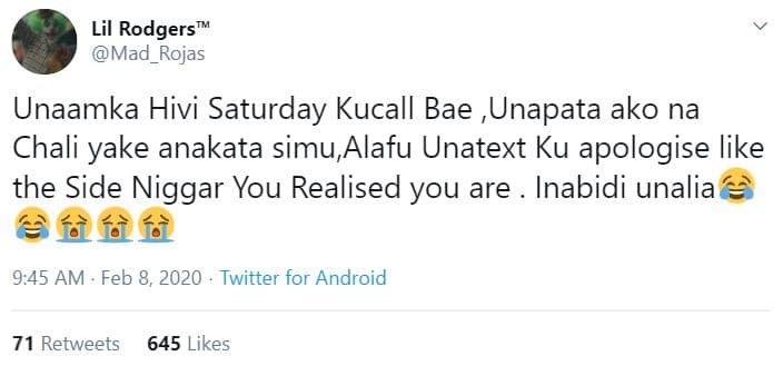 Lil rodgers mad_rojas unaamka hivi saturday kucall bae ,unapata ako na chali yak