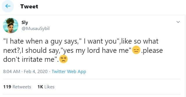 Tweet sly musausybil ihate when a guy says' want you like so what next?, should