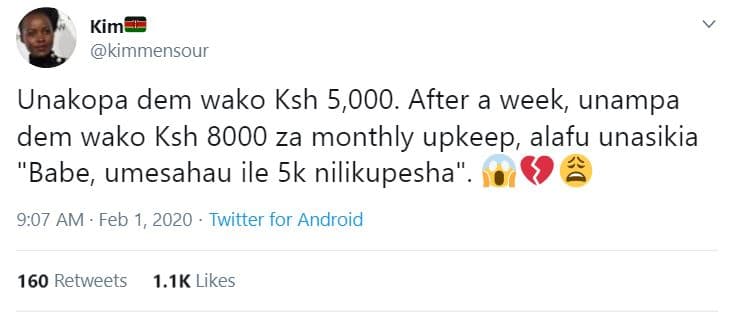 Kim kimmensour unakopa dem wako ksh 5,000. after a week, unampa dem wako ksh za