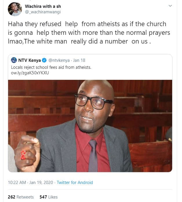 Wachira with a sh wachiramwangi haha they refused help from atheists as if the c